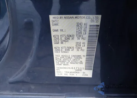 2015 Nissan Armada Platinum from USA, damaged, VIN 5N1BA0ND1FN617111